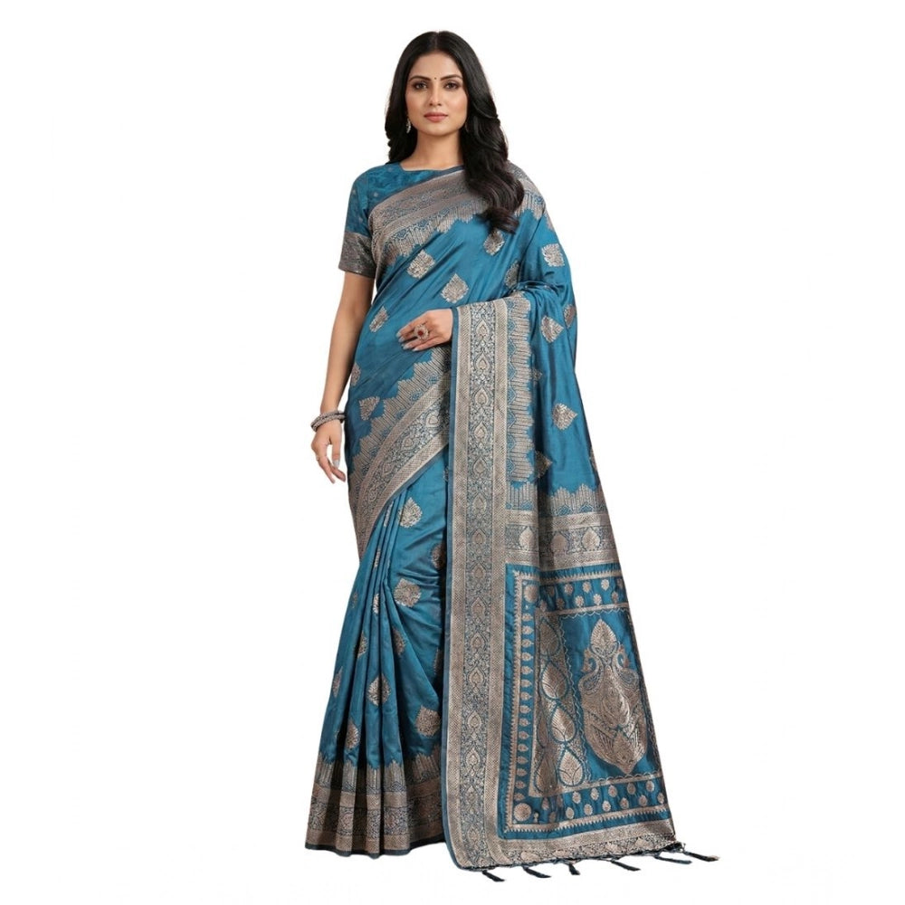 Amfyn Women's Silk Blend Printed Saree With Unstitched Blouse 5.5Mtr (Teal)