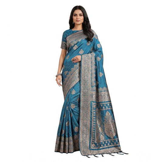 Amfyn Women's Silk Blend Printed Saree With Unstitched Blouse 5.5Mtr (Teal)