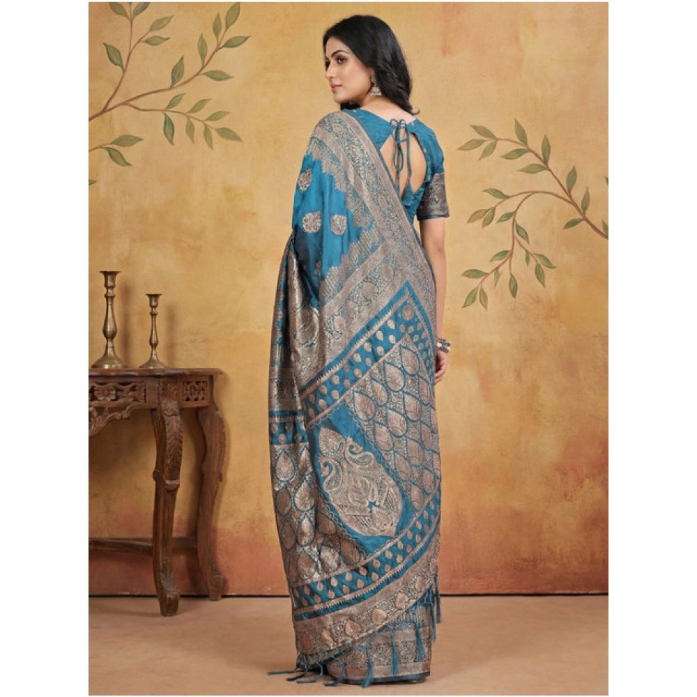 Amfyn Women's Silk Blend Printed Saree With Unstitched Blouse 5.5Mtr (Teal)