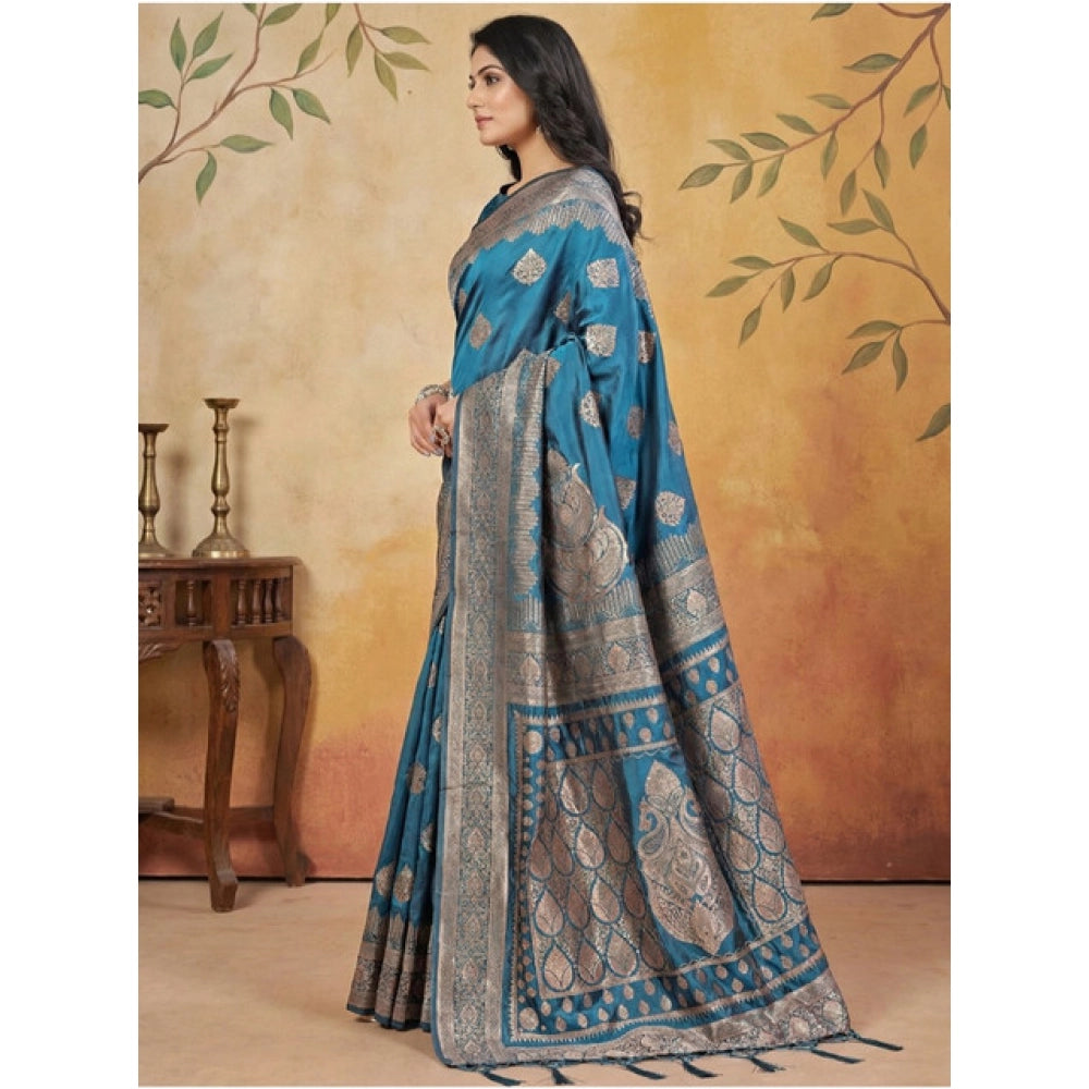 Amfyn Women's Silk Blend Printed Saree With Unstitched Blouse 5.5Mtr (Teal)
