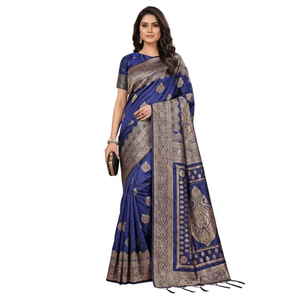 Amfyn Women's Silk Blend Printed Saree With Unstitched Blouse 5.5Mtr (Navy Blue)