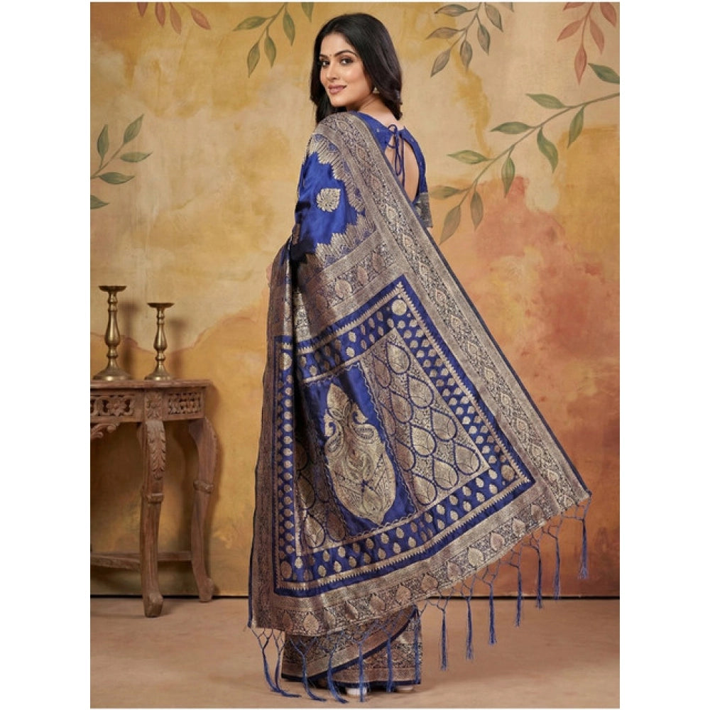 Amfyn Women's Silk Blend Printed Saree With Unstitched Blouse 5.5Mtr (Navy Blue)