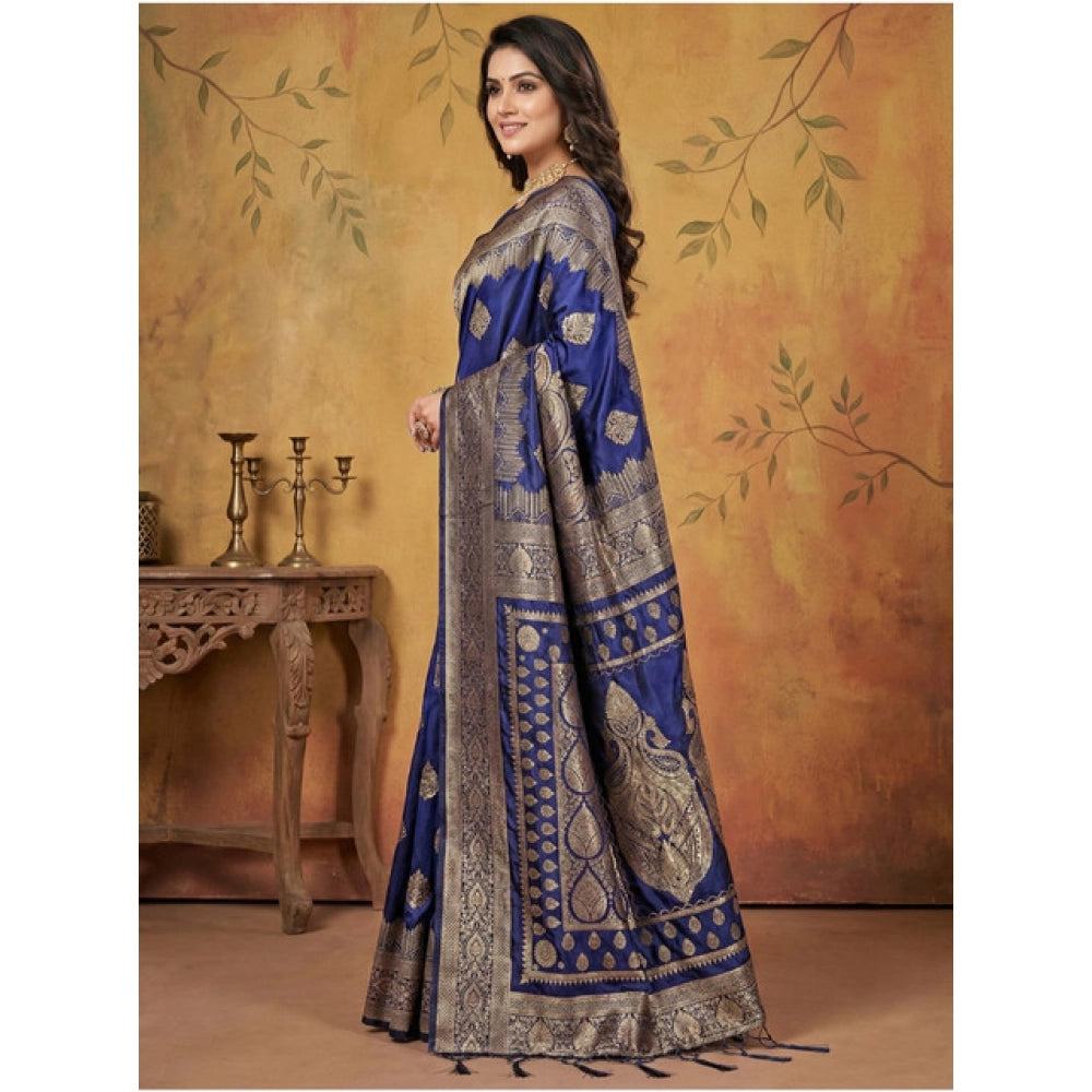 Amfyn Women's Silk Blend Printed Saree With Unstitched Blouse 5.5Mtr (Navy Blue)