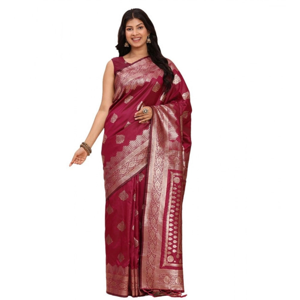 Amfyn Women's Banarasi Silk Printed Saree With Unstitched Blouse 5.5Mtr (Magenta)