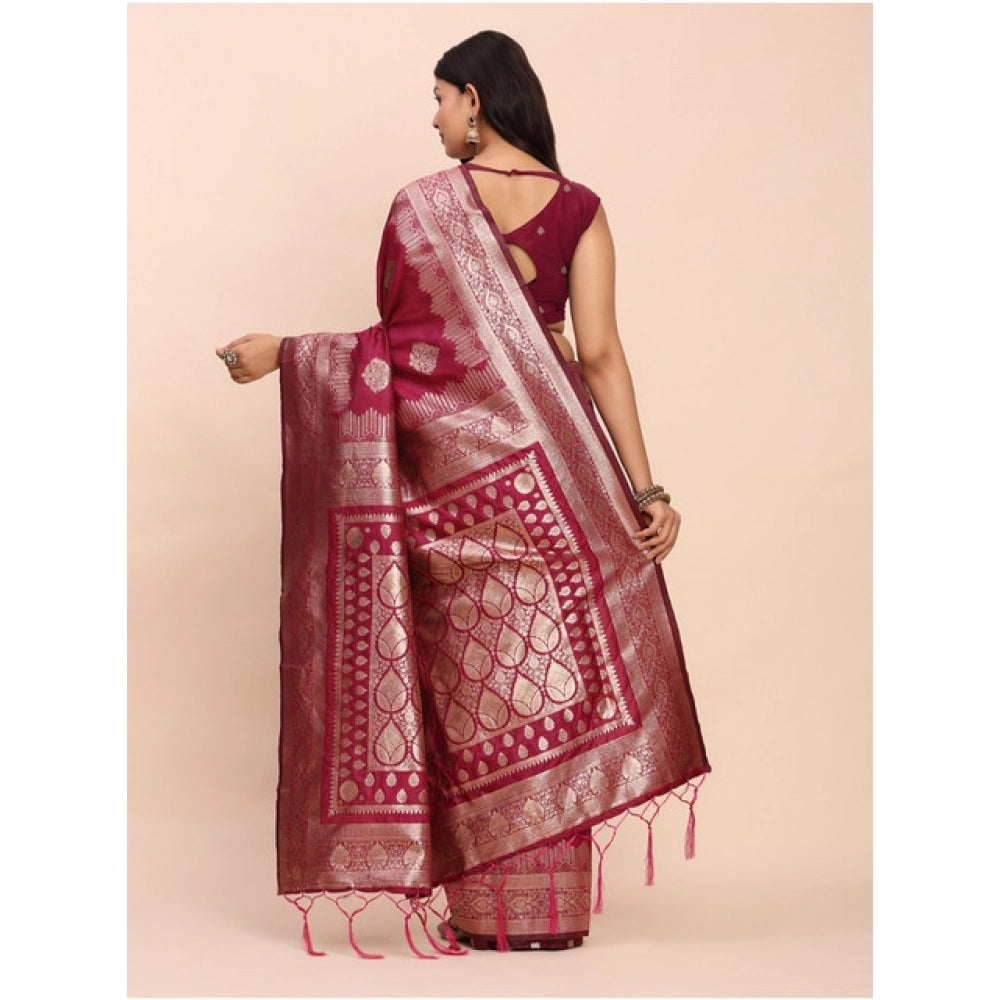 Amfyn Women's Banarasi Silk Printed Saree With Unstitched Blouse 5.5Mtr (Magenta)