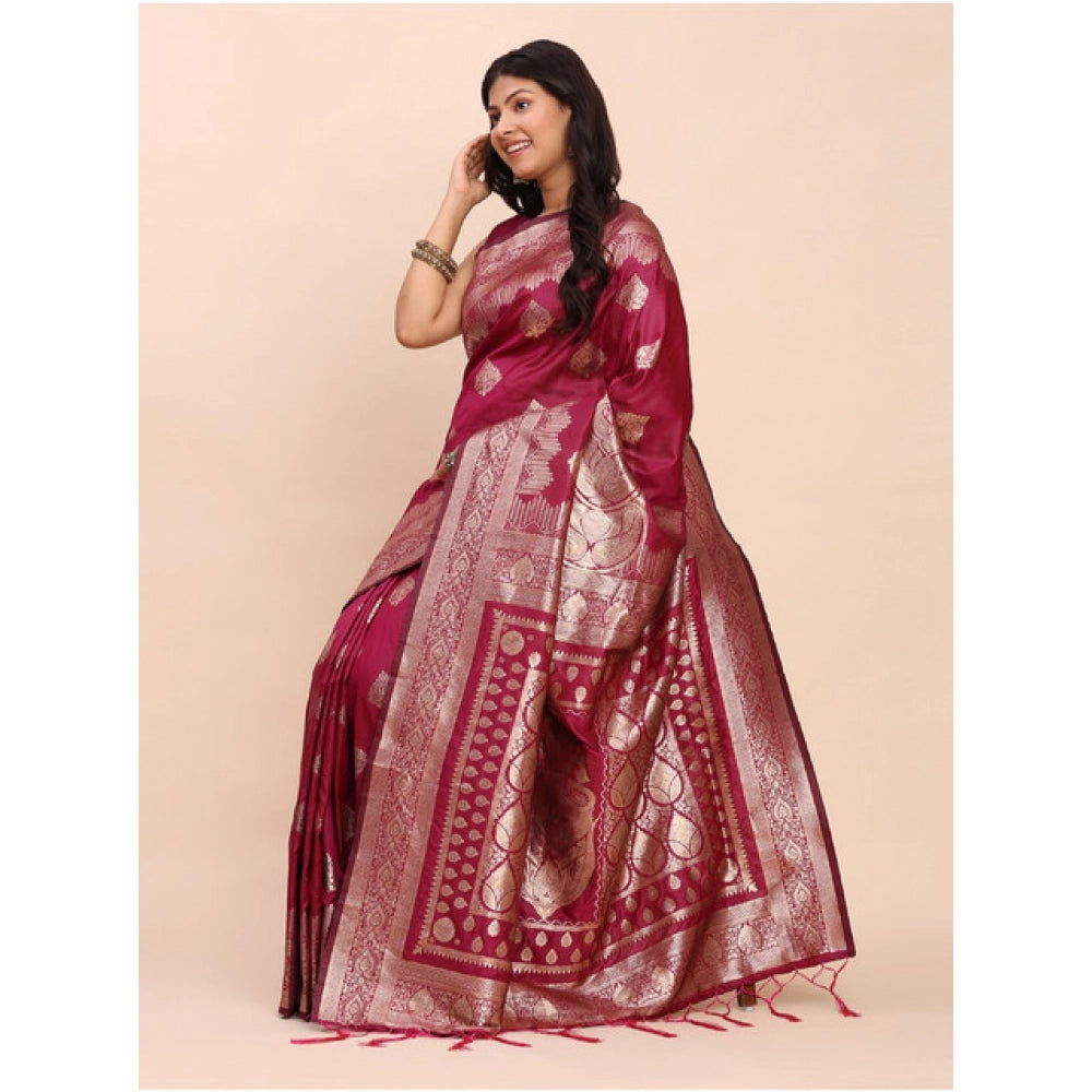 Amfyn Women's Banarasi Silk Printed Saree With Unstitched Blouse 5.5Mtr (Magenta)