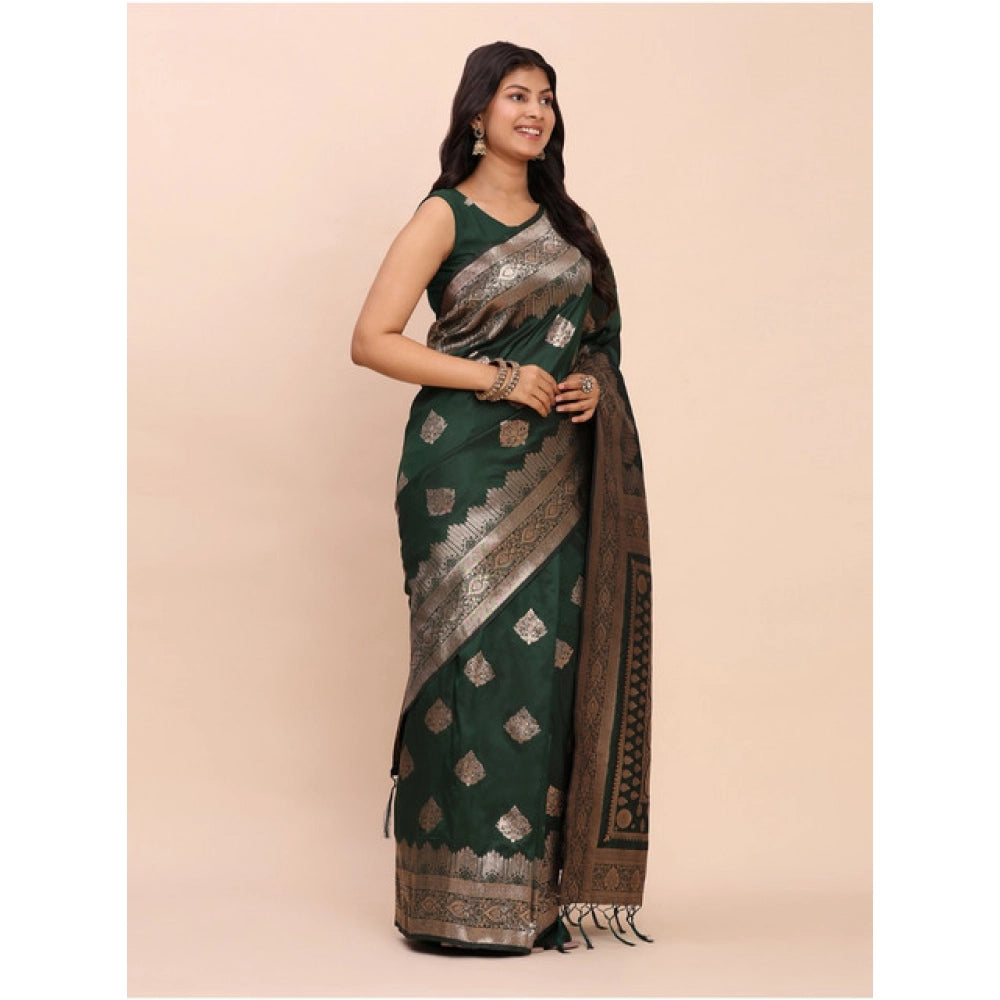 Amfyn Women's Banarasi Silk Printed Saree With Unstitched Blouse 5.5Mtr (Green)