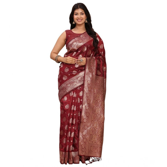 Amfyn Women's Banarasi Silk Printed Saree With Unstitched Blouse 5.5Mtr (Maroon)