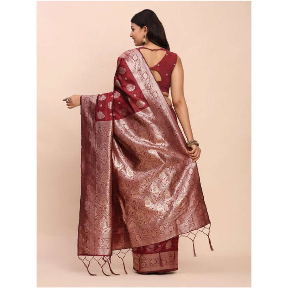 Amfyn Women's Banarasi Silk Printed Saree With Unstitched Blouse 5.5Mtr (Maroon)