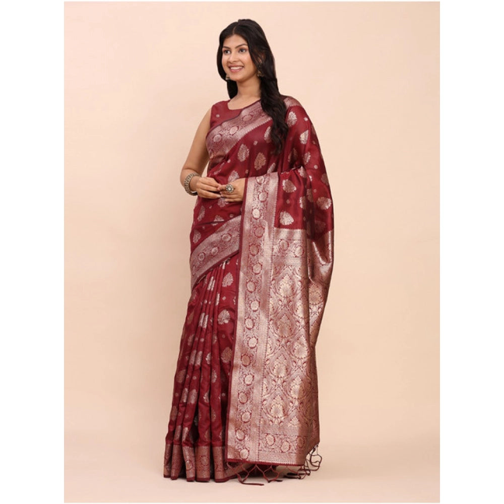 Amfyn Women's Banarasi Silk Printed Saree With Unstitched Blouse 5.5Mtr (Maroon)