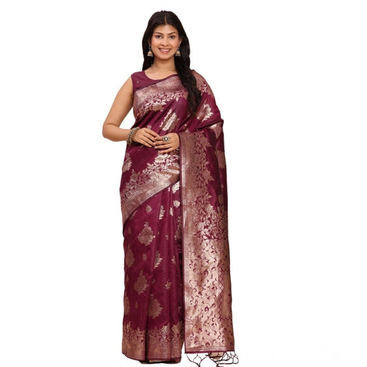 Amfyn Women's Banarasi Silk Printed Saree With Unstitched Blouse 5.5Mtr (Purple)