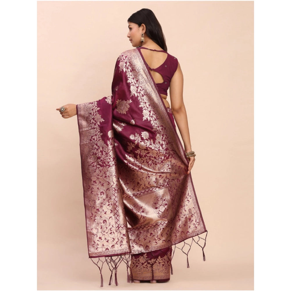 Amfyn Women's Banarasi Silk Printed Saree With Unstitched Blouse 5.5Mtr (Purple)