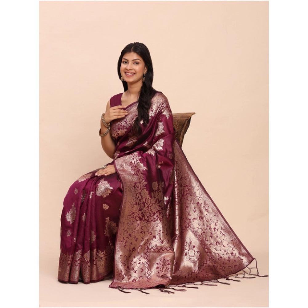 Amfyn Women's Banarasi Silk Printed Saree With Unstitched Blouse 5.5Mtr (Purple)