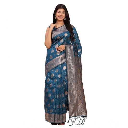 Amfyn Women's Banarasi Silk Printed Saree With Unstitched Blouse 5.5Mtr (Teal Blue)