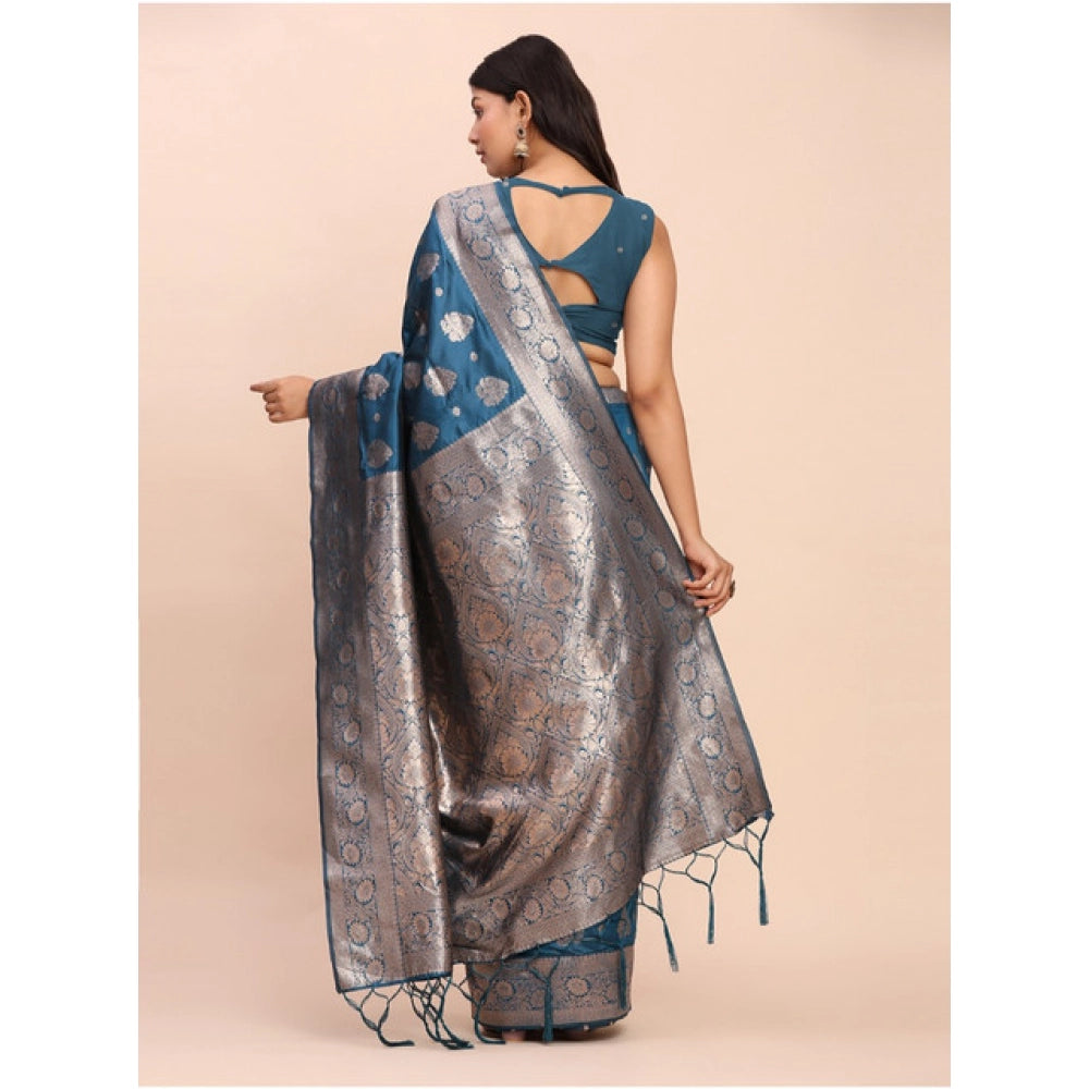 Amfyn Women's Banarasi Silk Printed Saree With Unstitched Blouse 5.5Mtr (Teal Blue)