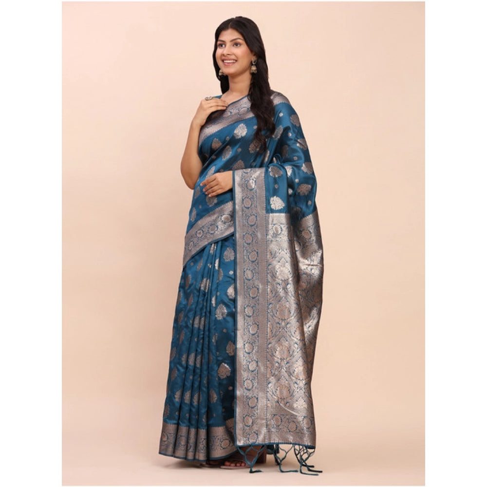 Amfyn Women's Banarasi Silk Printed Saree With Unstitched Blouse 5.5Mtr (Teal Blue)