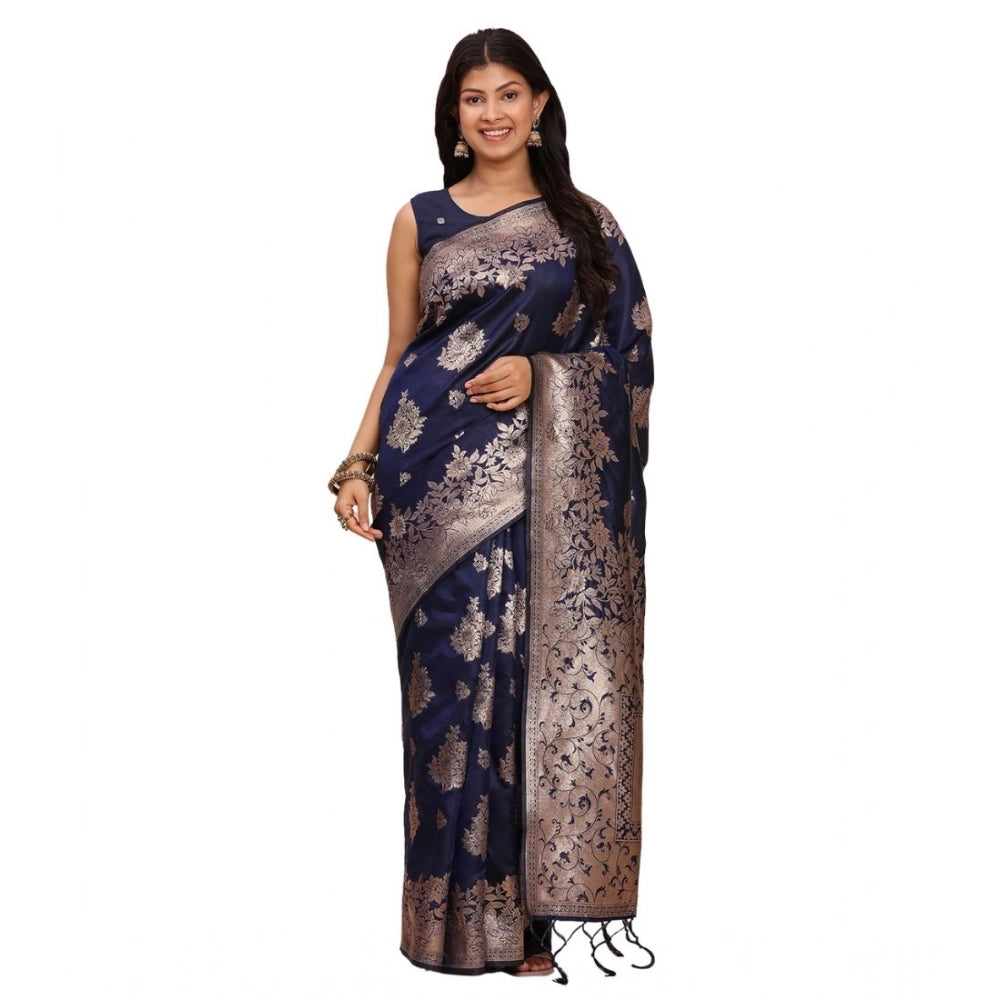 Amfyn Women's Banarasi Silk Printed Saree With Unstitched Blouse 5.5Mtr (Navy Blue)