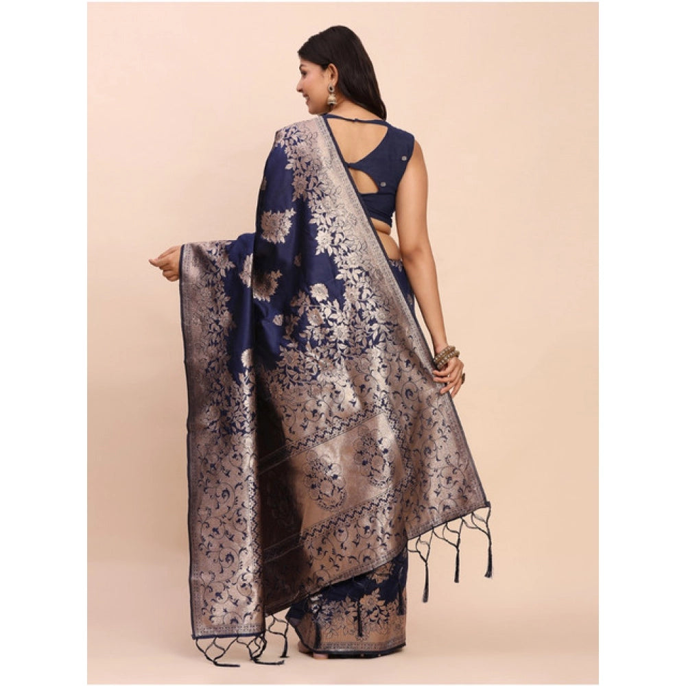 Amfyn Women's Banarasi Silk Printed Saree With Unstitched Blouse 5.5Mtr (Navy Blue)