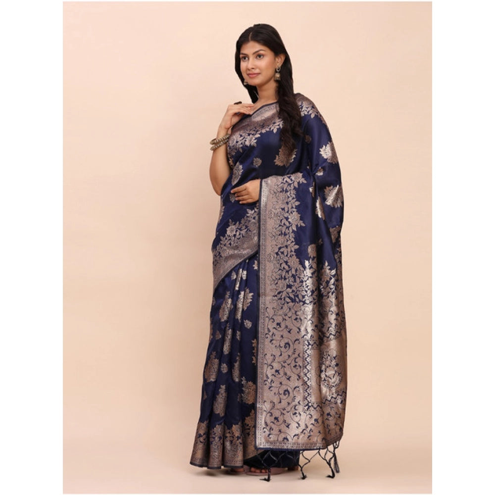 Amfyn Women's Banarasi Silk Printed Saree With Unstitched Blouse 5.5Mtr (Navy Blue)