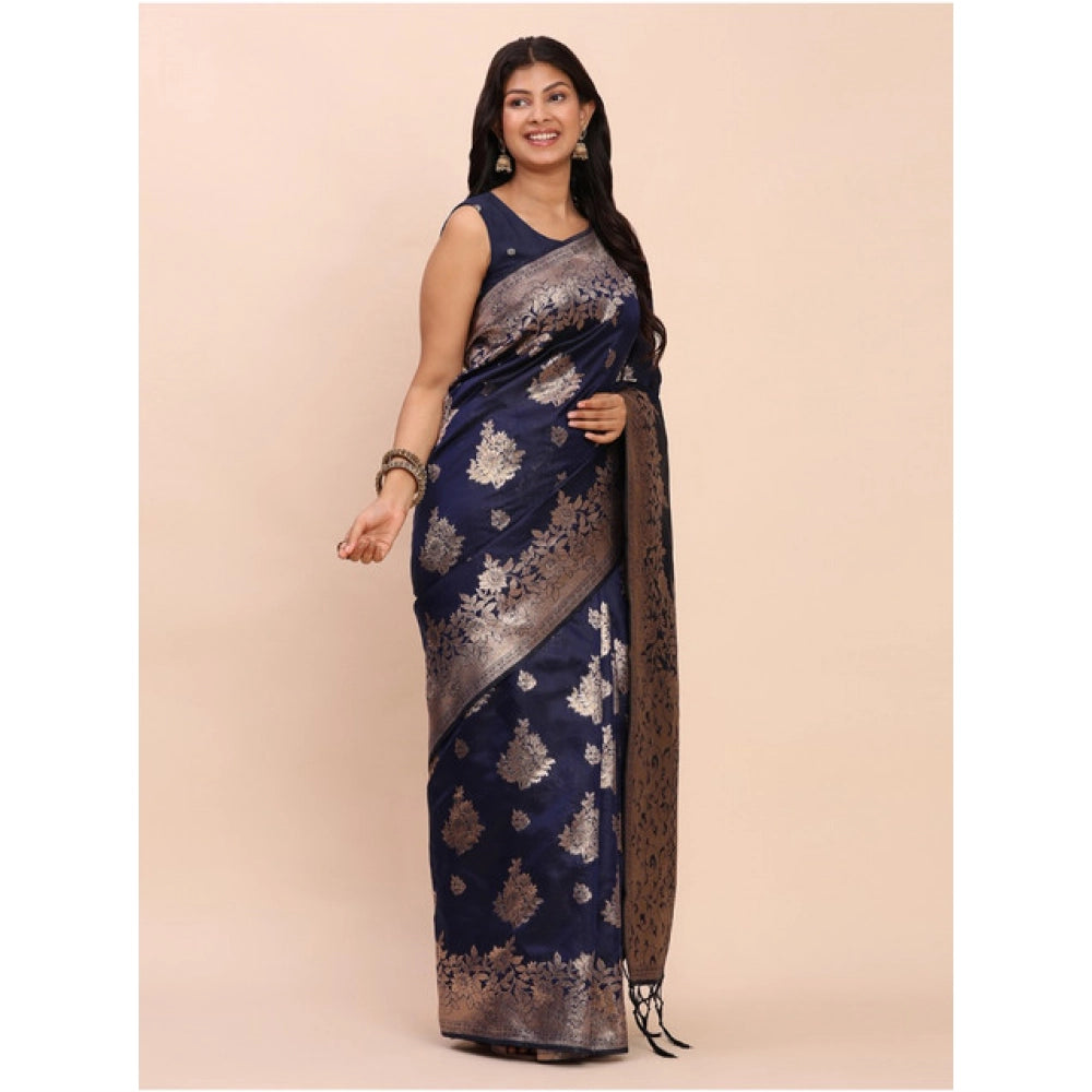 Amfyn Women's Banarasi Silk Printed Saree With Unstitched Blouse 5.5Mtr (Navy Blue)