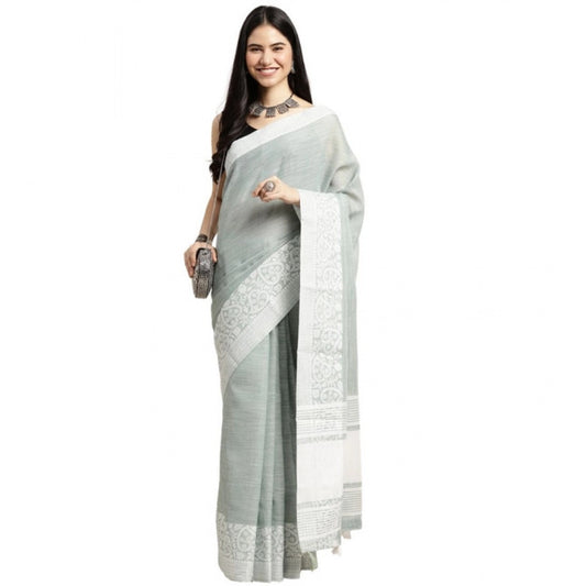 Amfyn Women's Linen Printed Saree With Unstitched Blouse 5.5Mtr (Sea Green)