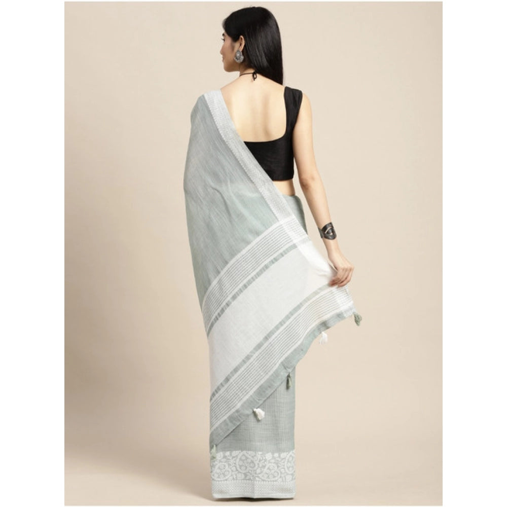 Amfyn Women's Linen Printed Saree With Unstitched Blouse 5.5Mtr (Sea Green)