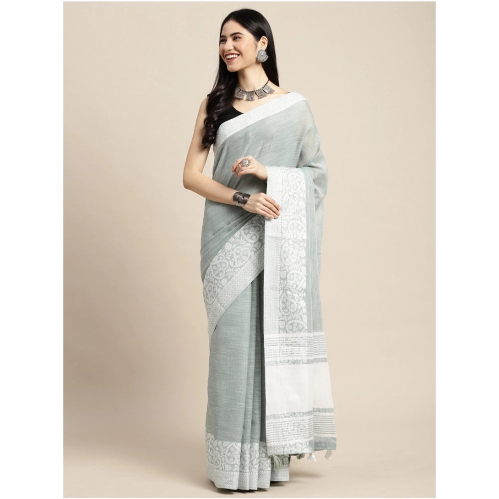 Amfyn Women's Linen Printed Saree With Unstitched Blouse 5.5Mtr (Sea Green)