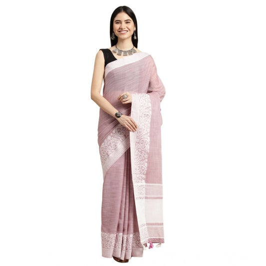 Amfyn Women's Linen Printed Saree With Unstitched Blouse 5.5Mtr (Purple)