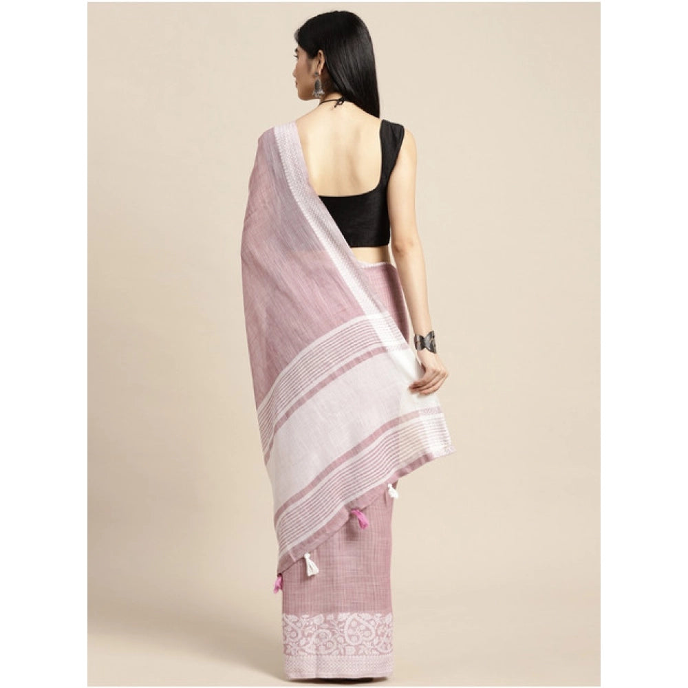 Amfyn Women's Linen Printed Saree With Unstitched Blouse 5.5Mtr (Purple)