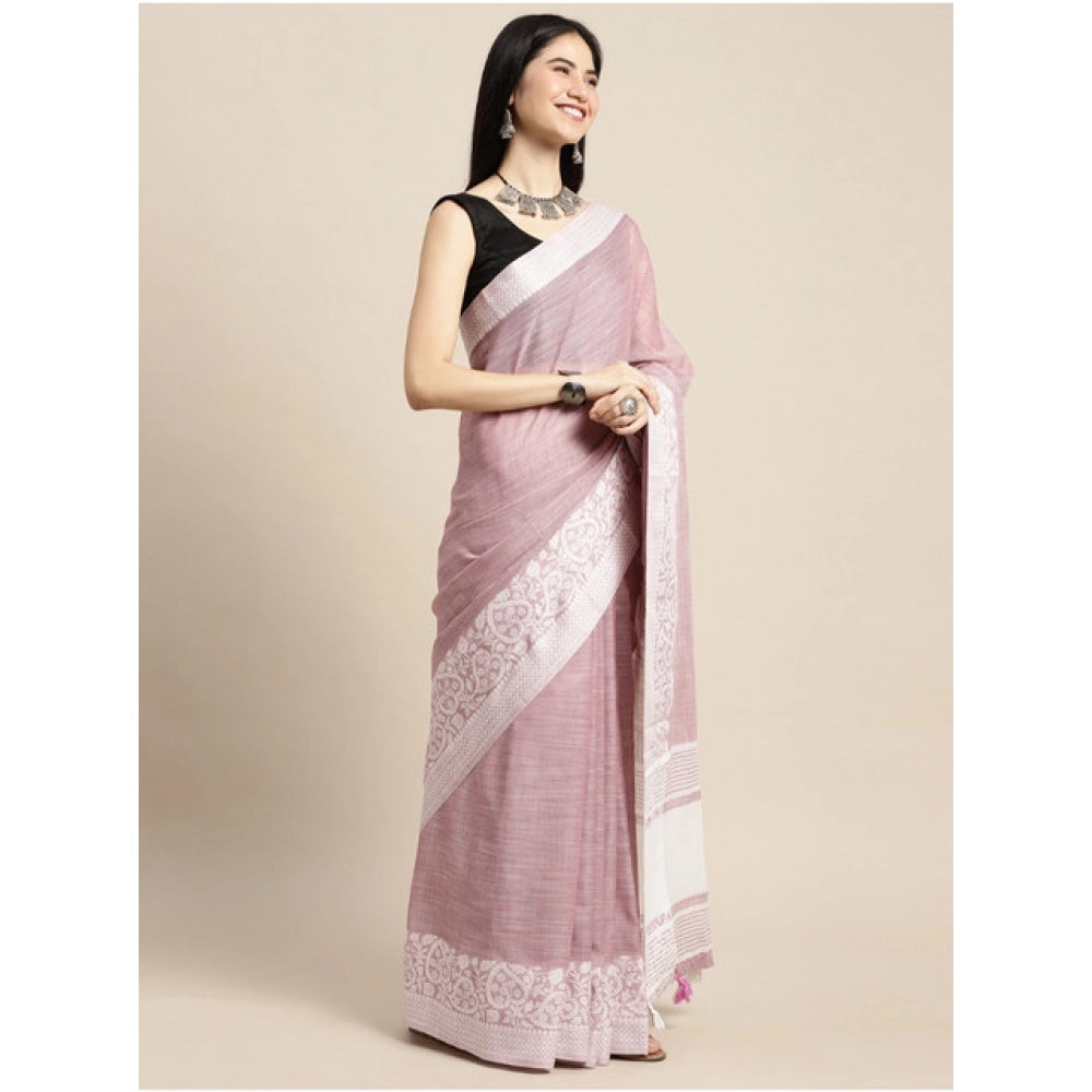 Amfyn Women's Linen Printed Saree With Unstitched Blouse 5.5Mtr (Purple)