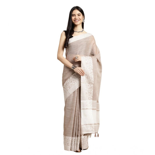 Amfyn Women's Linen Printed Saree With Unstitched Blouse 5.5Mtr (Beige)