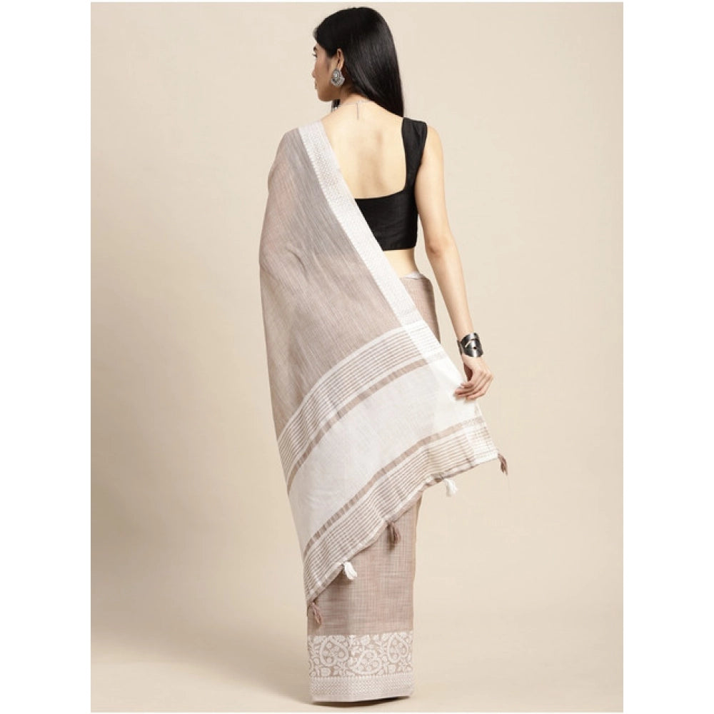 Amfyn Women's Linen Printed Saree With Unstitched Blouse 5.5Mtr (Beige)