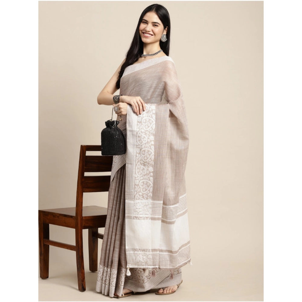 Amfyn Women's Linen Printed Saree With Unstitched Blouse 5.5Mtr (Beige)