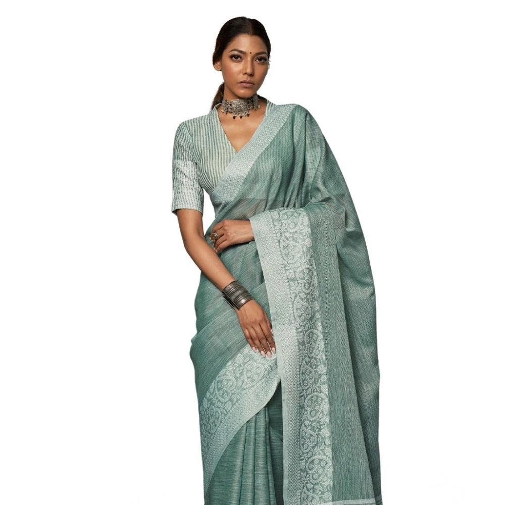 Amfyn Women's Linen Printed Saree With Unstitched Blouse 5.5Mtr (Sea Green)