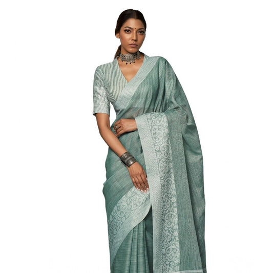Amfyn Women's Linen Printed Saree With Unstitched Blouse 5.5Mtr (Sea Green)