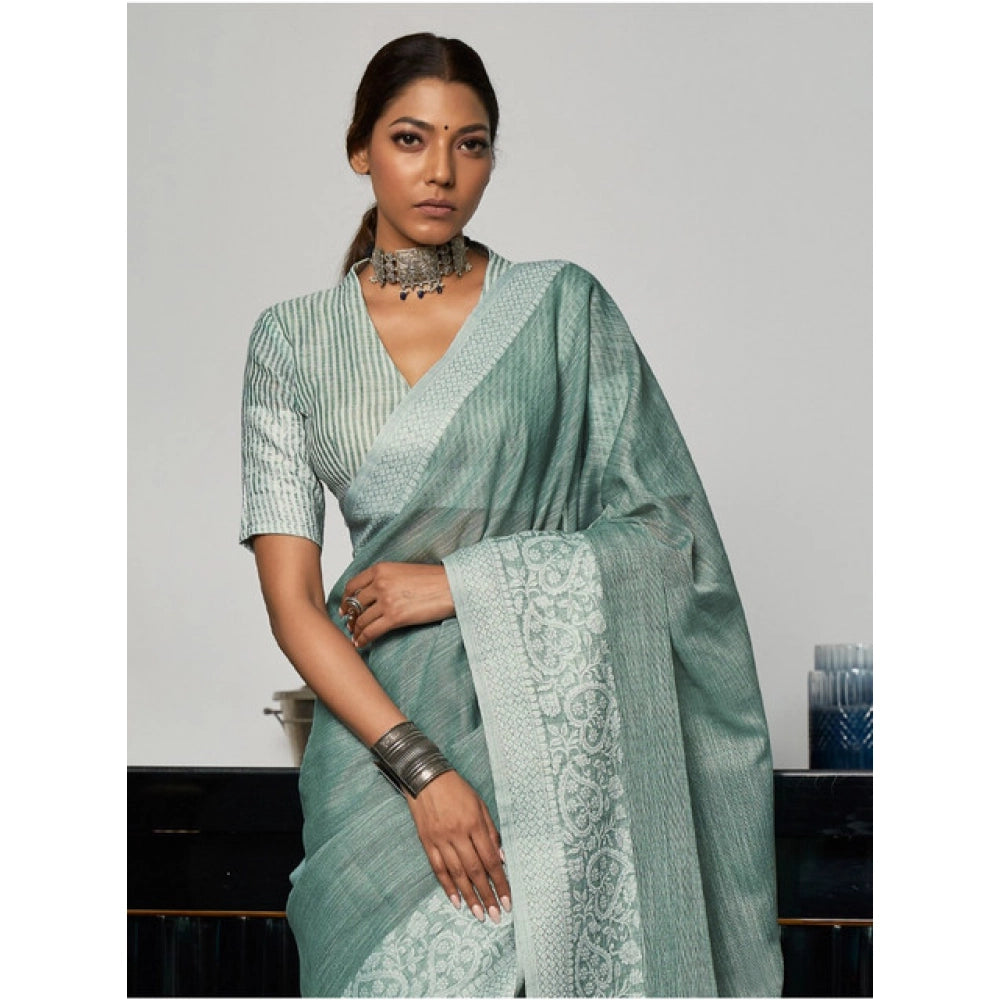Amfyn Women's Linen Printed Saree With Unstitched Blouse 5.5Mtr (Sea Green)