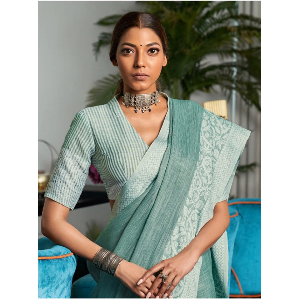 Amfyn Women's Linen Printed Saree With Unstitched Blouse 5.5Mtr (Sea Green)