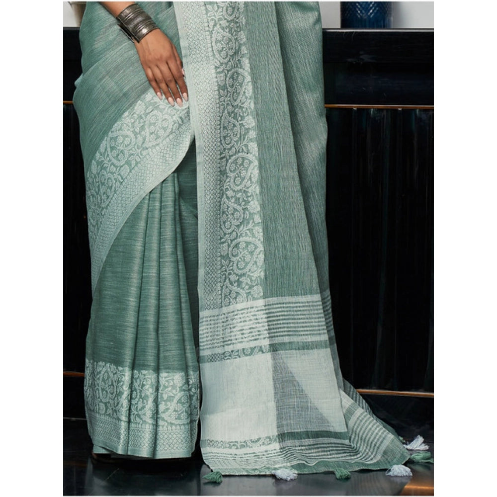 Amfyn Women's Linen Printed Saree With Unstitched Blouse 5.5Mtr (Sea Green)