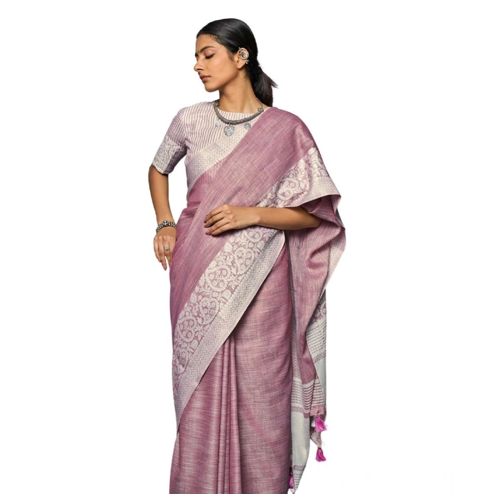 Amfyn Women's Linen Printed Saree With Unstitched Blouse 5.5Mtr (Purple)