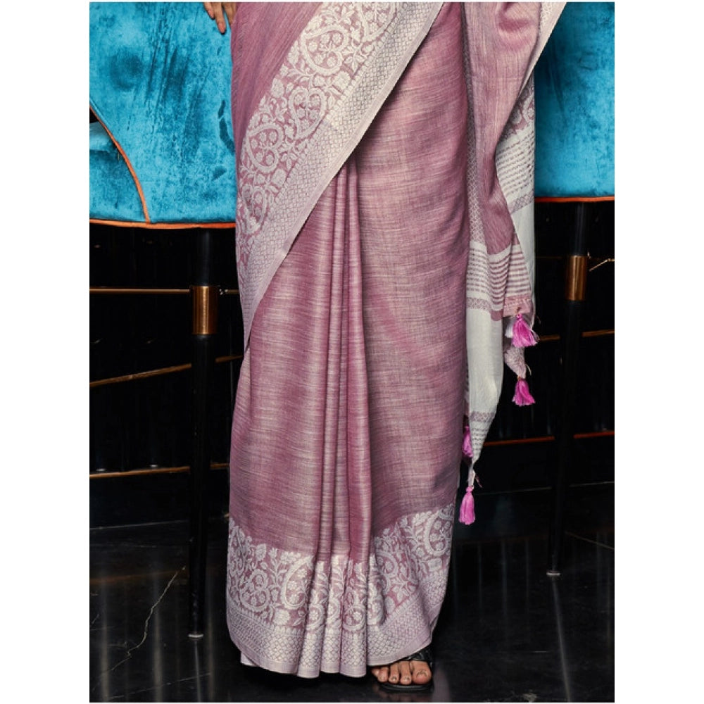 Amfyn Women's Linen Printed Saree With Unstitched Blouse 5.5Mtr (Purple)