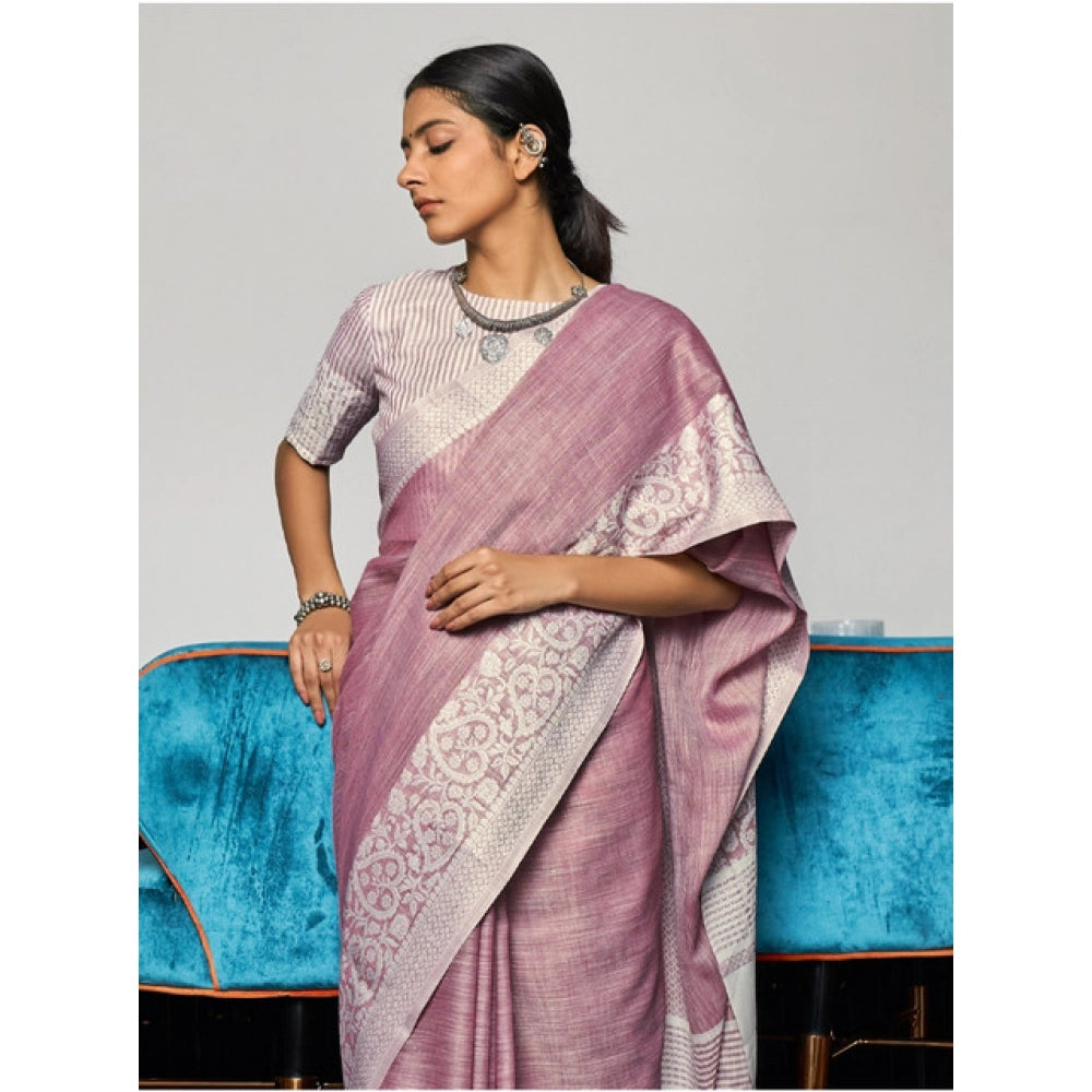 Amfyn Women's Linen Printed Saree With Unstitched Blouse 5.5Mtr (Purple)