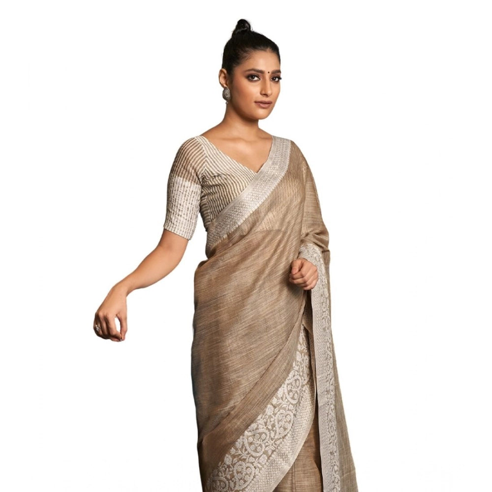 Amfyn Women's Linen Printed Saree With Unstitched Blouse 5.5Mtr (Beige)