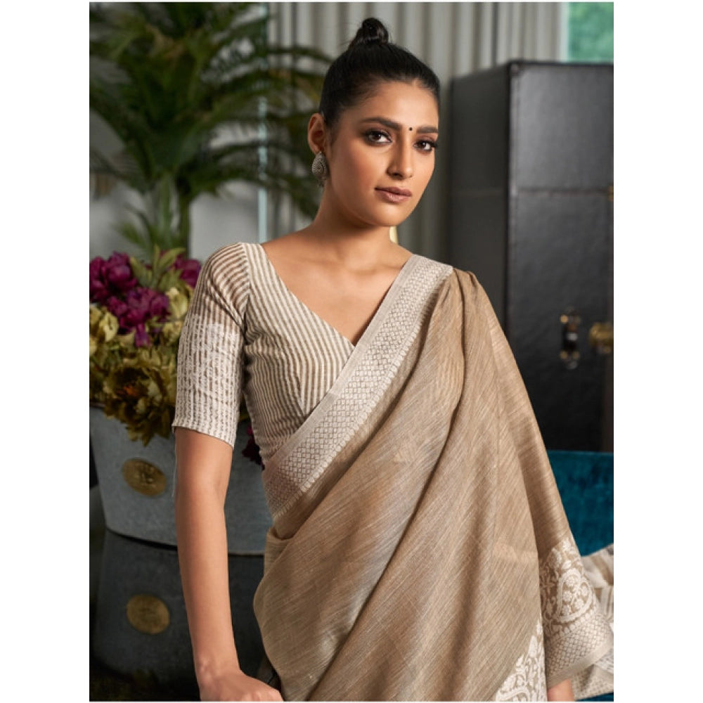 Amfyn Women's Linen Printed Saree With Unstitched Blouse 5.5Mtr (Beige)