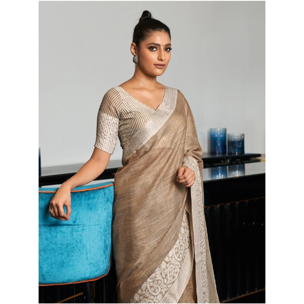 Amfyn Women's Linen Printed Saree With Unstitched Blouse 5.5Mtr (Beige)
