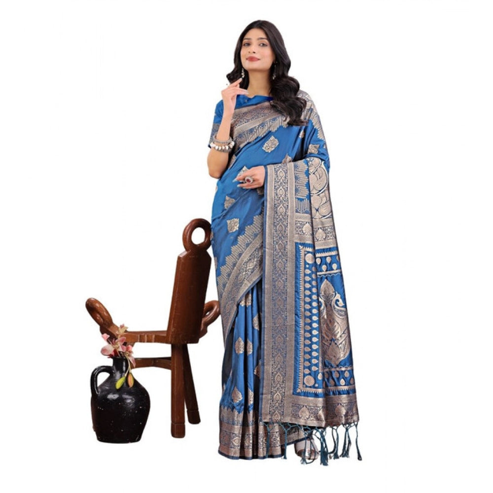 Amfyn Women's Silk Printed Saree With Unstitched Blouse 5.5Mtr (Sky Blue)