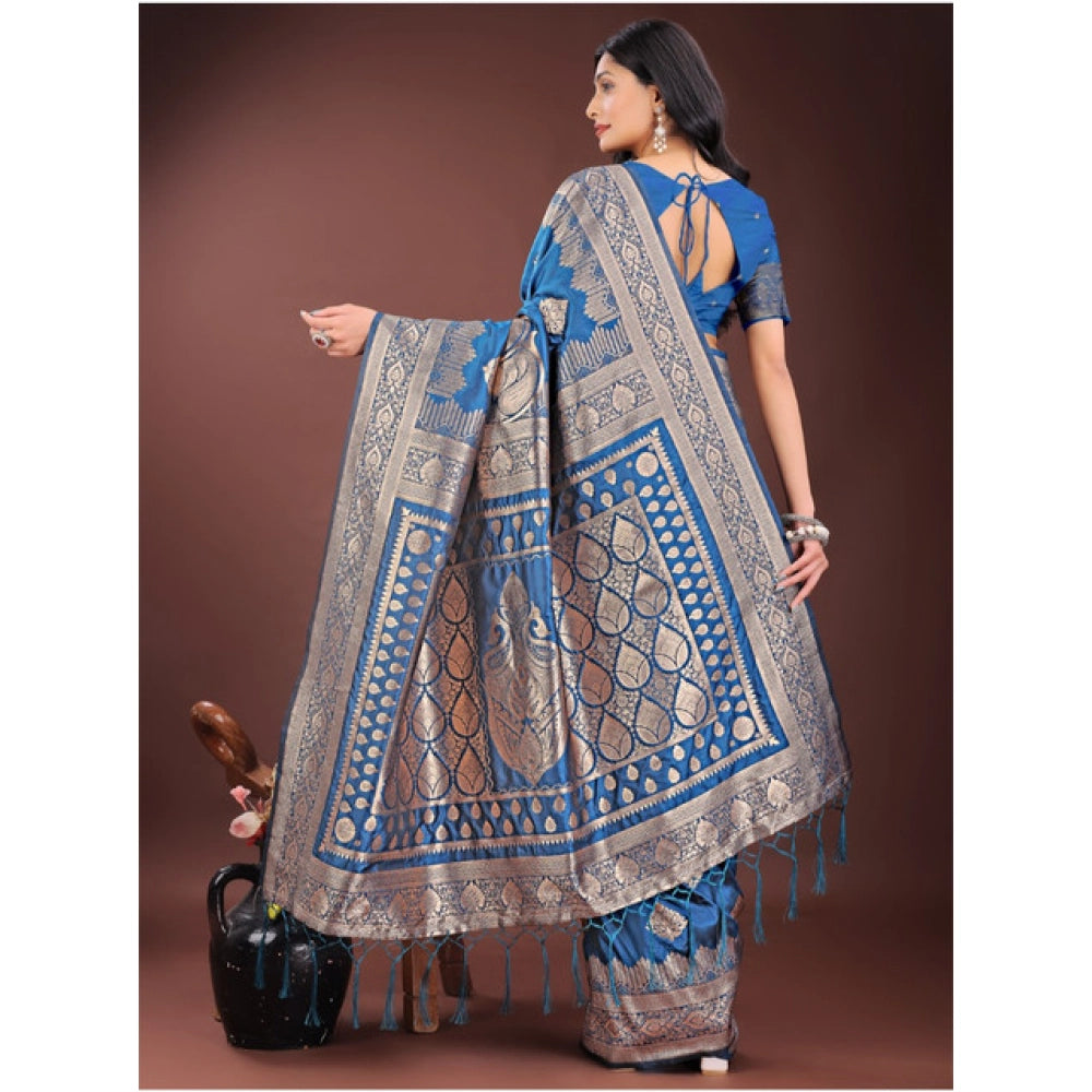 Amfyn Women's Silk Printed Saree With Unstitched Blouse 5.5Mtr (Sky Blue)
