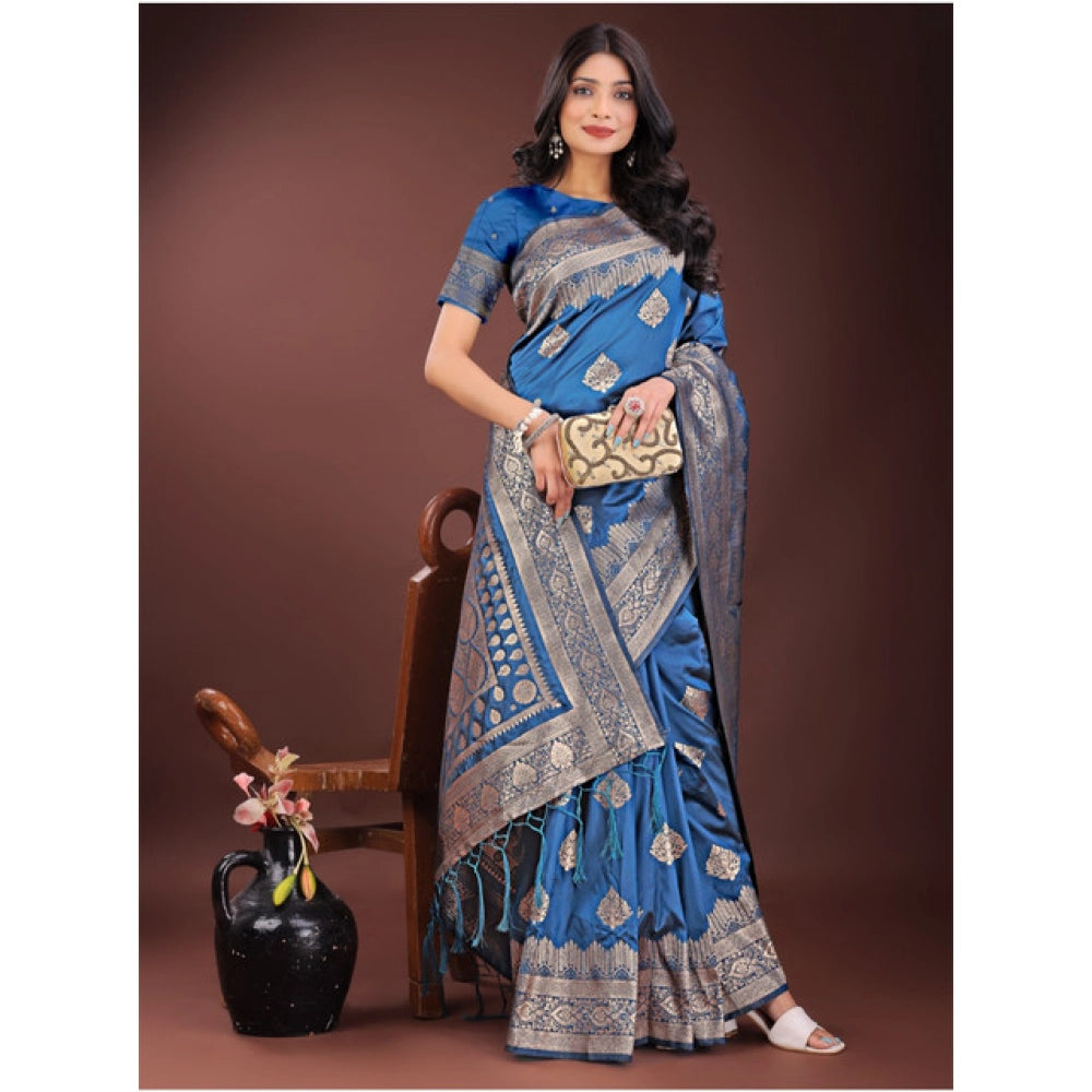 Amfyn Women's Silk Printed Saree With Unstitched Blouse 5.5Mtr (Sky Blue)