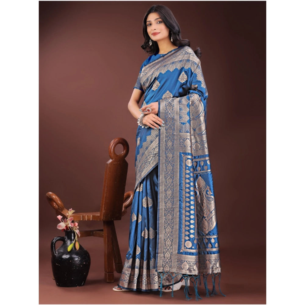 Amfyn Women's Silk Printed Saree With Unstitched Blouse 5.5Mtr (Sky Blue)