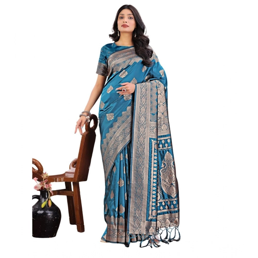 Amfyn Women's Silk Printed Saree With Unstitched Blouse 5.5Mtr (Teal)