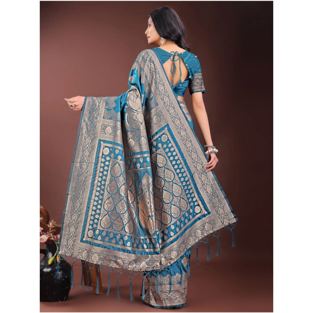Amfyn Women's Silk Printed Saree With Unstitched Blouse 5.5Mtr (Teal)